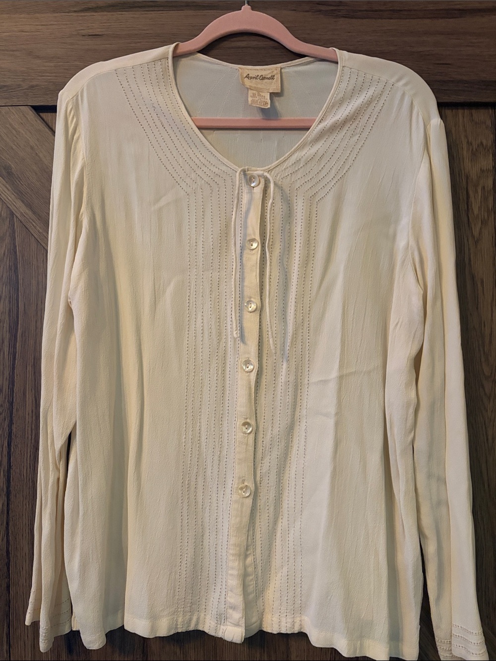 April Cornell Cream Rayon Button-Down Blouse Top Size XL Lattice Openwork Trim